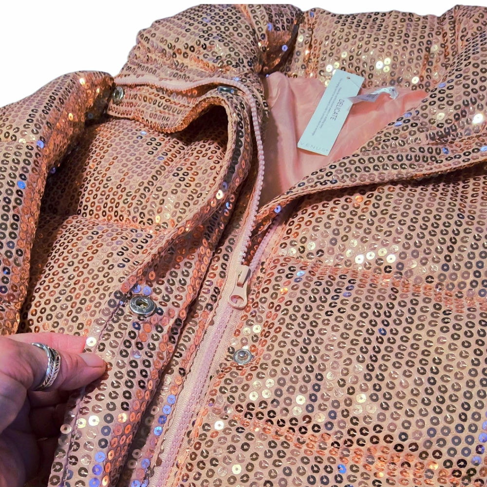 Venus Pink Sequin Puffer Jacket NWT - Winter Feminine Sparkle Outerwear Size SM - Picture 3 of 10